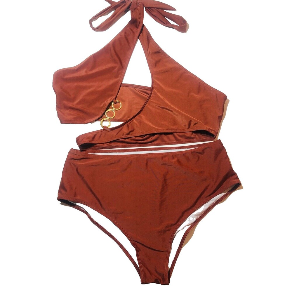 Rust Halter Bikini Set Cutout Top Gold Rings Sexy High Waist Bottoms Size 2XL